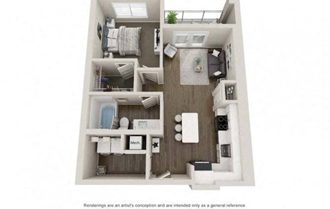 Floor plan for 1 bed, 1 bath, 659 sqft