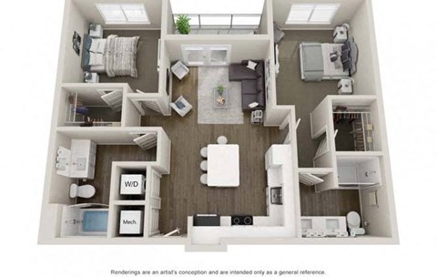 Floor plan for 2 beds, 2 baths, 947 sqft