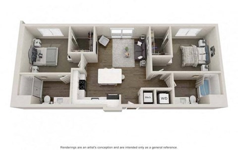 Floor plan for 2 beds, 2 baths, 963 sqft