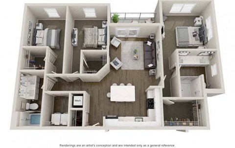 Floor plan for 3 beds, 2 baths, 1328 sqft