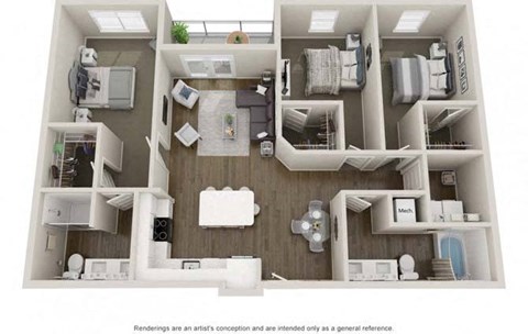 Floor plan for 3 beds, 2 baths, 1284 sqft