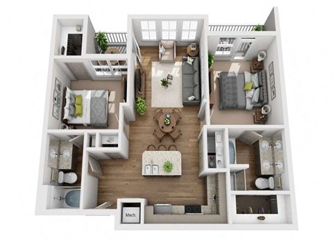 Floor plan for 2 beds, 2 baths, 1099 sqft