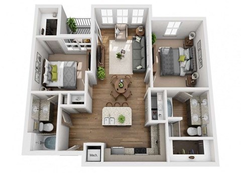 Floor plan for 2 beds, 2 baths, 1079 sqft