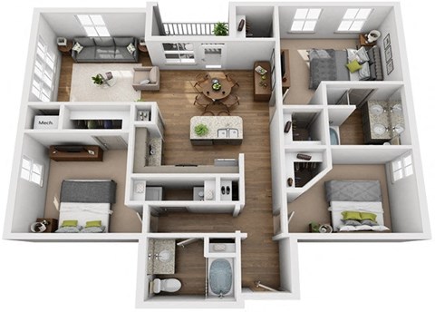 Floor plan for 3 beds, 2 baths, 1412 sqft