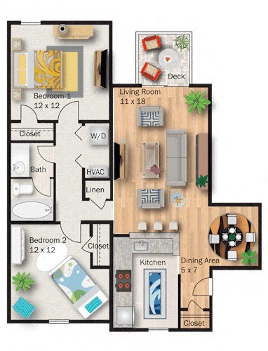 Floor plan for 2 beds, 1 bath, 809 sqft