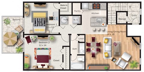 Floor plan for 2 beds, 1 bath, 990 sqft