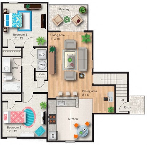 Floor plan for 2 beds, 1 bath, 950 sqft