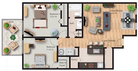 Floor plan for 2 beds, 1 bath, 900 sqft