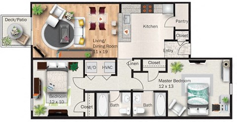 Floor plan for 2 beds, 2 baths, 971 sqft