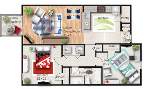Floor plan for 2 beds, 1 bath, 829 sqft