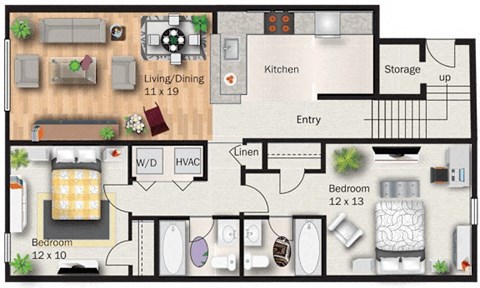 Floor plan for 2 beds, 2 baths, 899 sqft