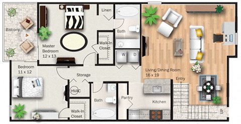 Floor plan for 2 beds, 2 baths, 1080 sqft