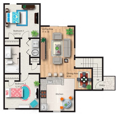 Floor plan for 2 beds, 1 bath, 950 sqft