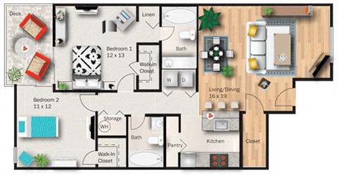 Floor plan for 2 beds, 2 baths, 1018 sqft