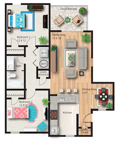 Floor plan for 2 beds, 1 bath, 809 sqft