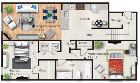 Floor plan for 2 beds, 1 bath, 877 sqft