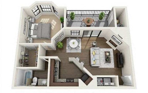 Floor plan for 1 bed, 1 bath, 730 sqft