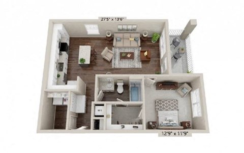 Floor plan for 1 bed, 1 bath, 805 sqft
