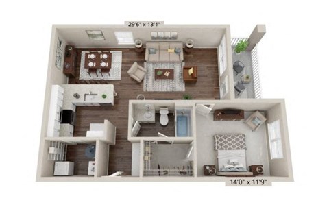 Floor plan for 1 bed, 1 bath, 855 sqft