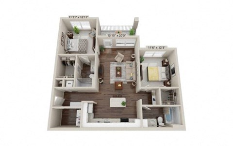 Floor plan for 2 beds, 2 baths, 1070 sqft