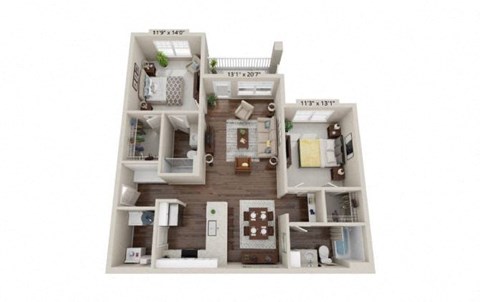 Floor plan for 2 beds, 2 baths, 1135 sqft