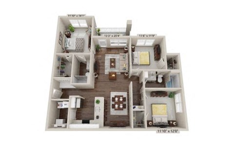 Floor plan for 3 beds, 2 baths, 1305 sqft