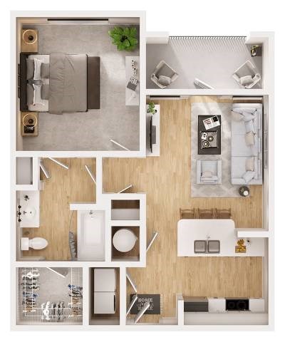Floor plan for 1 bed, 1 bath, 684 sqft