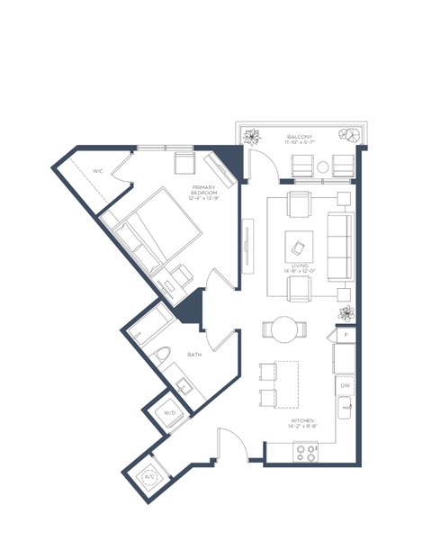Floor plan for 1 bed, 1 bath, 805 sqft