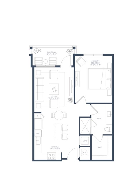 Floor plan for 1 bed, 1 bath, 750 sqft
