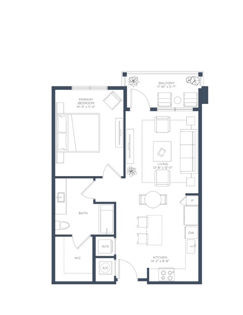 Floor plan for 1 bed, 1 bath, 768 sqft
