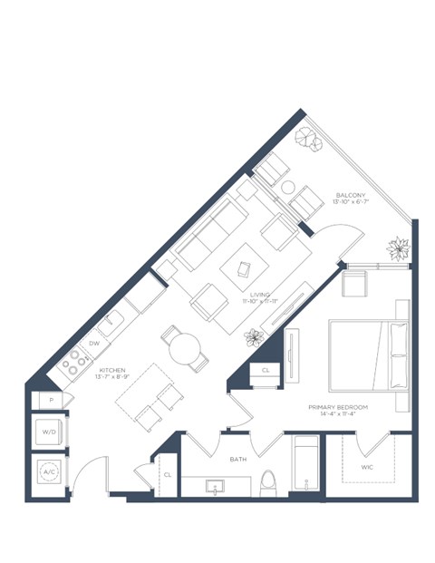 Floor plan for 1 bed, 1 bath, 751 sqft