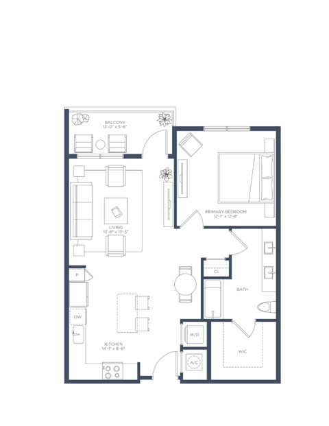 Floor plan for 1 bed, 1 bath, 845 sqft