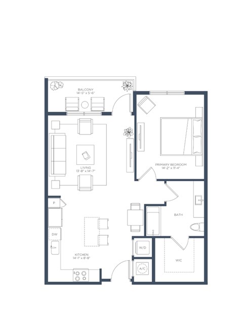 Floor plan for 1 bed, 1 bath, 840 sqft