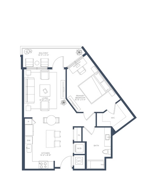 Floor plan for 1 bed, 1 bath, 787 sqft