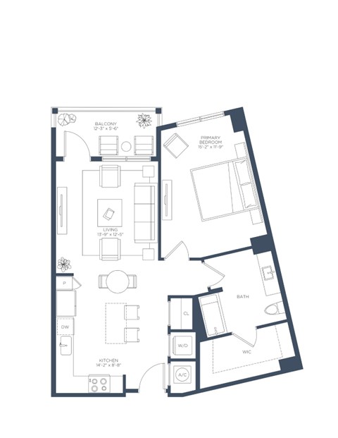 Floor plan for 1 bed, 1 bath, 843 sqft