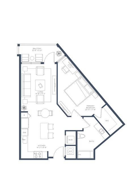 Floor plan for 1 bed, 1 bath, 775 sqft