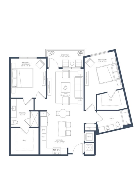 Floor plan for 2 beds, 2 baths, 1140 sqft