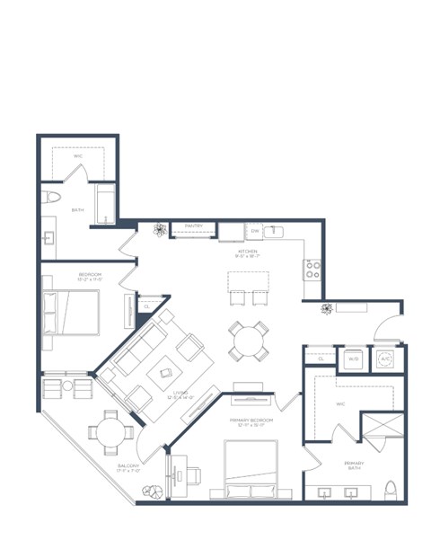 Floor plan for 2 beds, 2 baths, 1362 sqft
