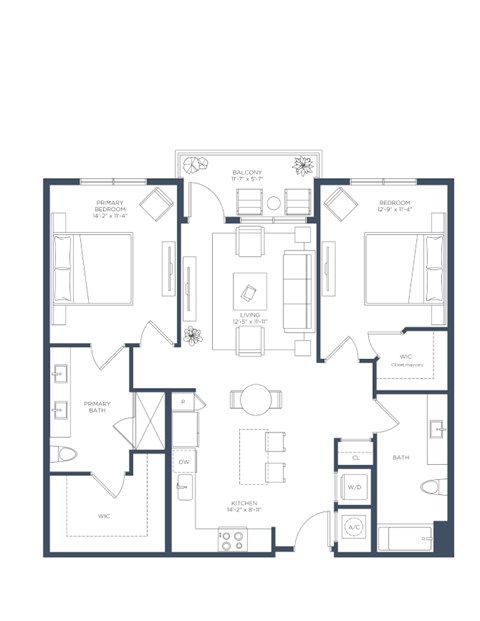 Floor plan for 2 beds, 2 baths, 1179 sqft