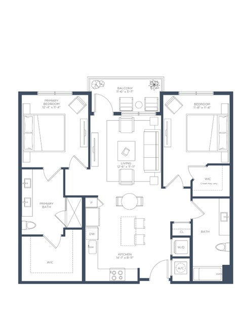 Floor plan for 2 beds, 2 baths, 1143 sqft