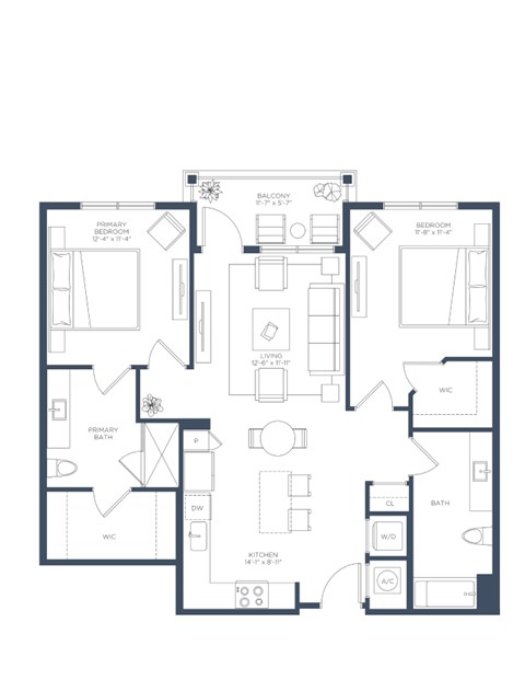 Floor plan for 2 beds, 2 baths, 1106 sqft