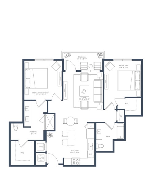 Floor plan for 2 beds, 2 baths, 1135 sqft