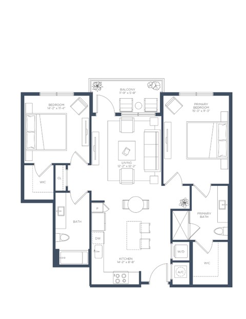 Floor plan for 2 beds, 2 baths, 1077 sqft