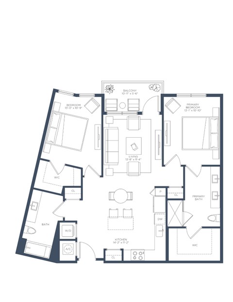 Floor plan for 2 beds, 2 baths, 1151 sqft