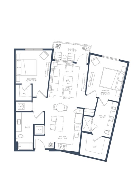 Floor plan for 2 beds, 2 baths, 1110 sqft