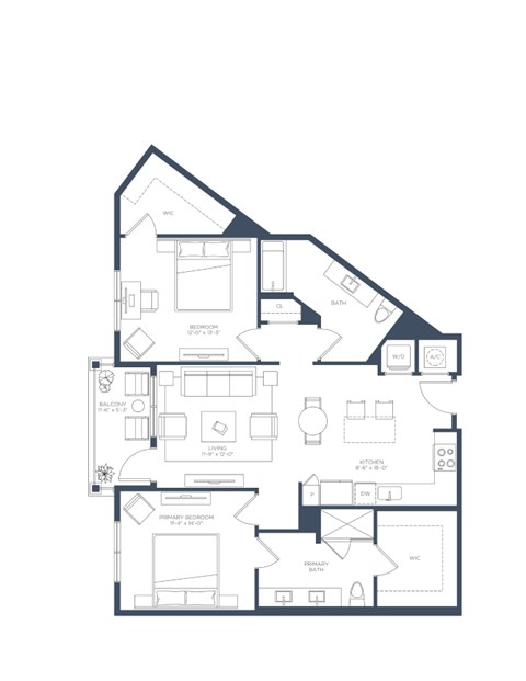 Floor plan for 2 beds, 2 baths, 1173 sqft