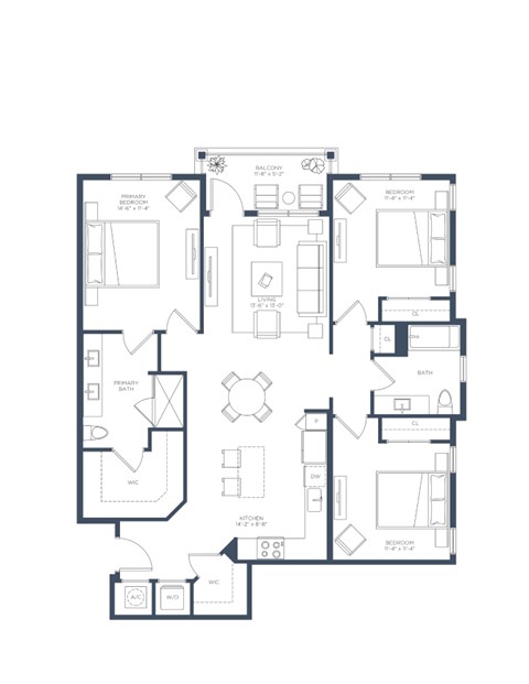 Floor plan for 3 beds, 2 baths, 1411 sqft