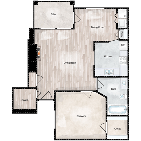 Floor plan for 1 bed, 1 bath, 783 sqft