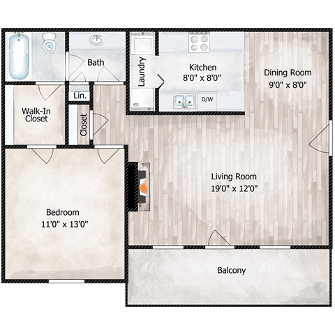Floor plan for 1 bed, 1 bath, 725 sqft
