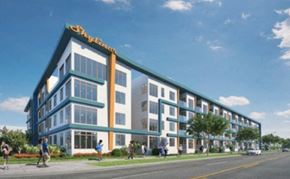 Nashville apartment for rent - an architectural rendering of a building with people walking on the street